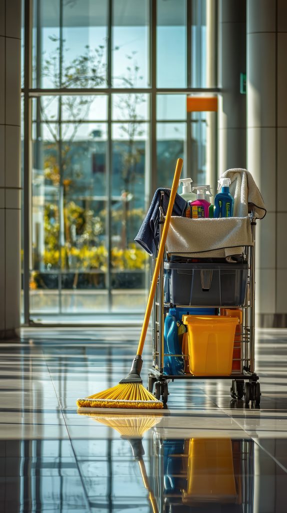 cleaning cart with supplies and broom in modern hallway