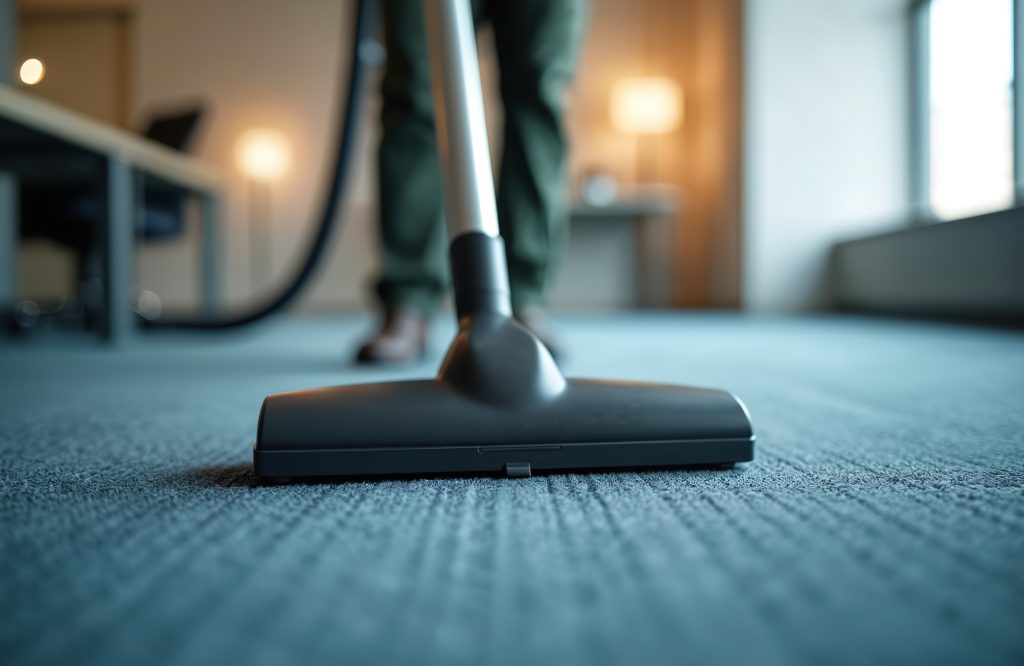 close up of industrial vacuum cleaner hoovering office carpet to remove dust. pro cleaning service for workspace hygiene, allergen reduction, sanitation. modern appliance used for floor maintenance.